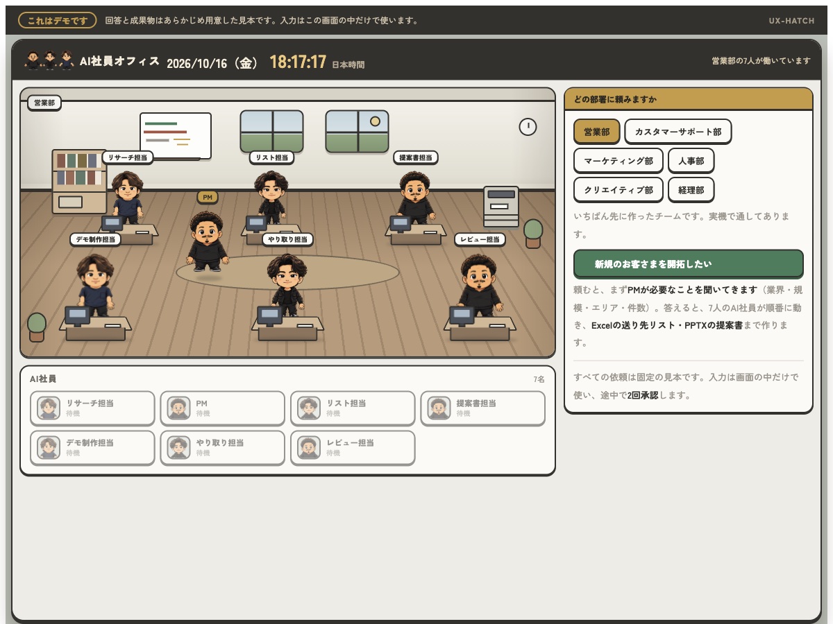 AI社員オフィスの公開デモ画面。営業部のAI社員と部署の選択欄