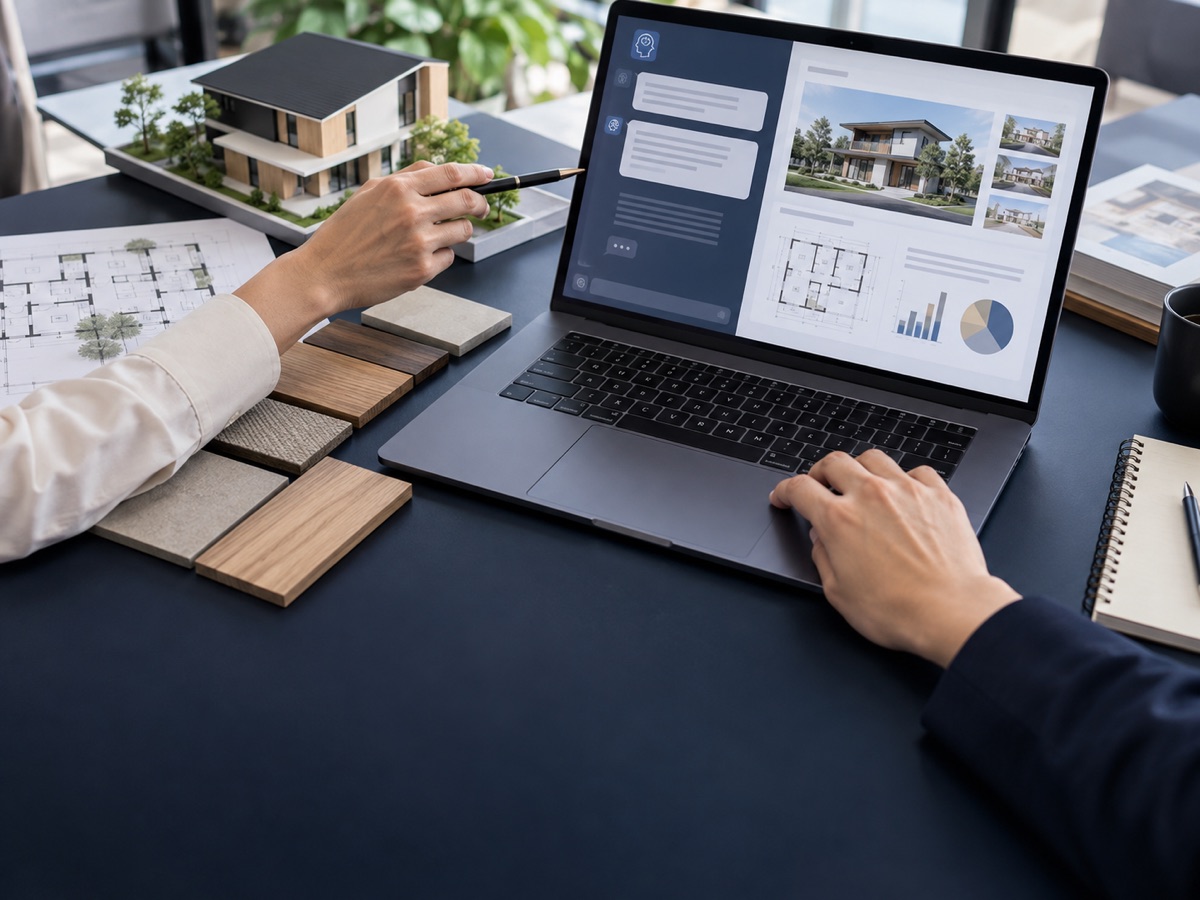 住宅模型・素材見本とPCでAIによる営業提案を学ぶ手元（AI生成）